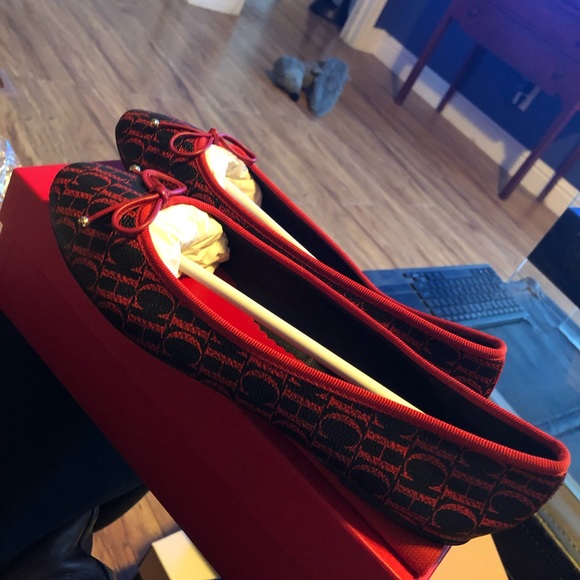 Nwot Carolina Herrera monogram black and red canvas flats sz 40 - Picture 5 of 5